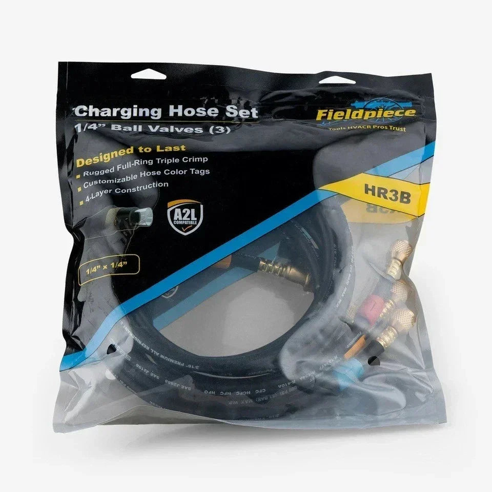 Fieldpiece HR3B Refrigerant Charging Hoses with Ball Valve – 3 Pack 1/4" x 1/4", Color-Coded HVAC Set