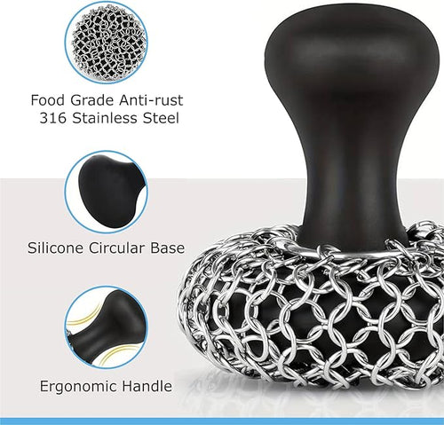 316L Stainless Steel Chainmail Scrubber – Cast Iron Skillet, Pan & Grill Cleaning Kit (Dishwasher Safe)
