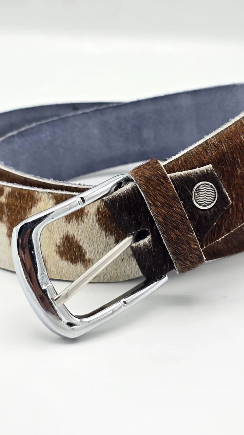 Handmade Cowhide Leather Belt – Brown & White Hair-On Hide with Chrome Buckle